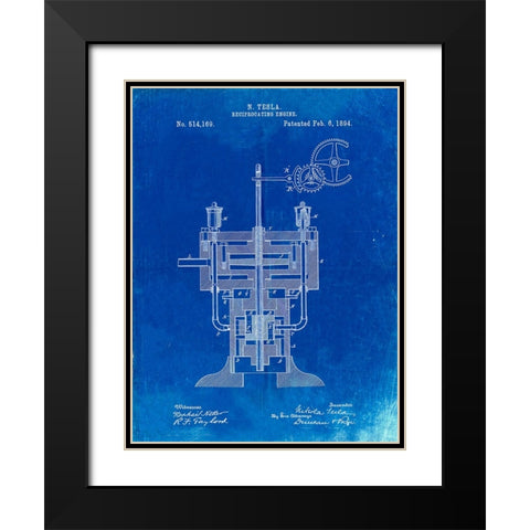 PP1094-Faded Blueprint Tesla Reciprocating Engine Poster Black Modern Wood Framed Art Print with Double Matting by Borders, Cole