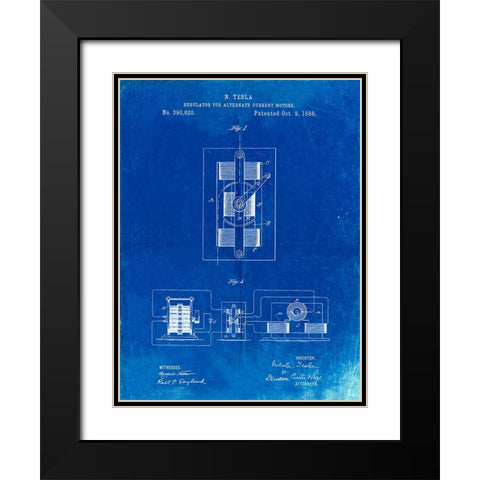 PP1095-Faded Blueprint Tesla Regulator for Alternate Current Motor Patent Poster Black Modern Wood Framed Art Print with Double Matting by Borders, Cole
