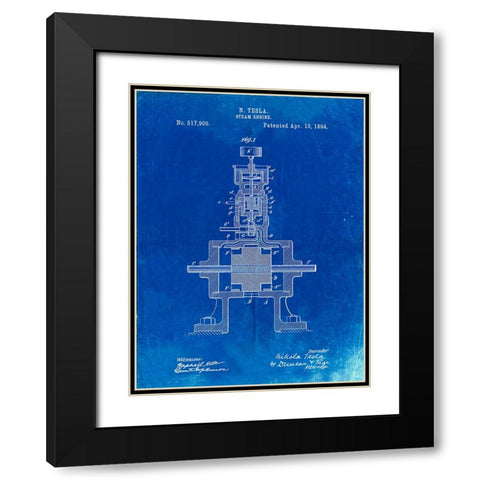 PP1096-Faded Blueprint Tesla Steam Engine Patent Poster Black Modern Wood Framed Art Print with Double Matting by Borders, Cole