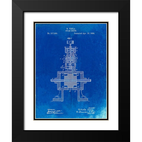 PP1096-Faded Blueprint Tesla Steam Engine Patent Poster Black Modern Wood Framed Art Print with Double Matting by Borders, Cole