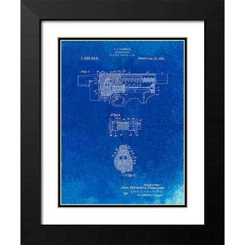 PP1099-Faded Blueprint Thompson Submachine Gun Patent Poster Black Modern Wood Framed Art Print with Double Matting by Borders, Cole