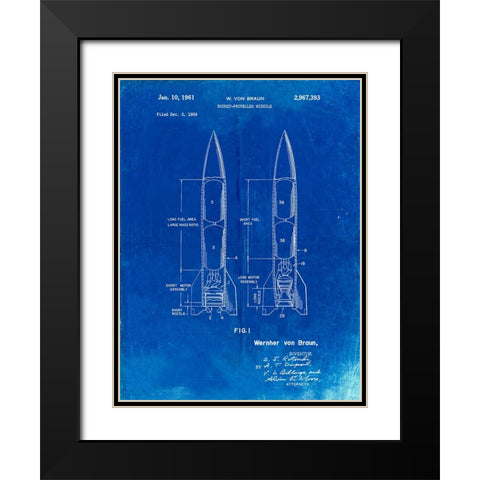 PP1129-Faded Blueprint Von Braun Rocket Missile Patent Poster Black Modern Wood Framed Art Print with Double Matting by Borders, Cole