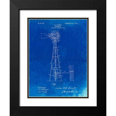 PP1137-Faded Blueprint Windmill 1906 Patent Poster Black Modern Wood Framed Art Print with Double Matting by Borders, Cole