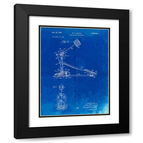 PP104-Faded Blueprint Drum Kick Pedal Poster Black Modern Wood Framed Art Print with Double Matting by Borders, Cole