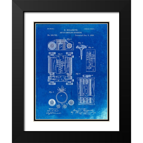 PP110-Faded Blueprint Hollerith Machine Patent Poster Black Modern Wood Framed Art Print with Double Matting by Borders, Cole