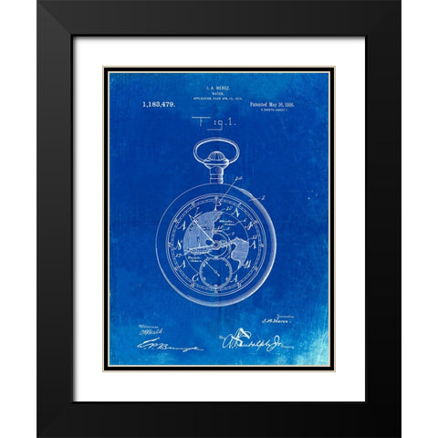 PP112-Faded Blueprint U.S. Watch Co. Pocket Watch Patent Poster Black Modern Wood Framed Art Print with Double Matting by Borders, Cole
