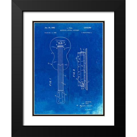 PP140- Faded Blueprint Gibson Les Paul Guitar Patent Poster Black Modern Wood Framed Art Print with Double Matting by Borders, Cole