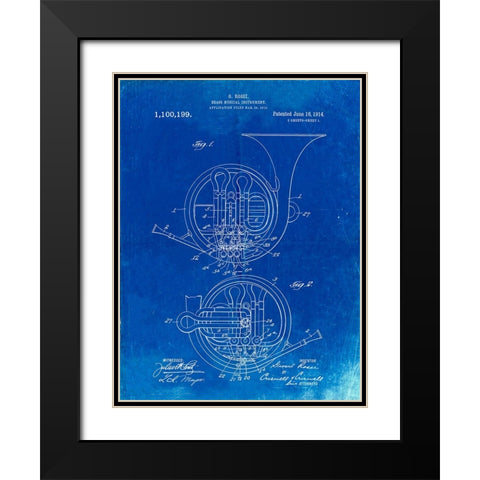 PP188- Faded Blueprint French Horn 1914 Patent Poster Black Modern Wood Framed Art Print with Double Matting by Borders, Cole