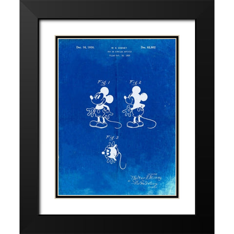 PP191- Faded Blueprint Mickey Mouse 1929 Patent Poster Black Modern Wood Framed Art Print with Double Matting by Borders, Cole