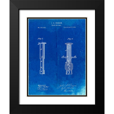 PP203- Faded Blueprint Corkscrew 1874 Patent Poster Black Modern Wood Framed Art Print with Double Matting by Borders, Cole