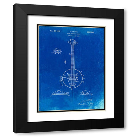 PP242-Faded Blueprint Modern Banjo Patent Poster Black Modern Wood Framed Art Print with Double Matting by Borders, Cole