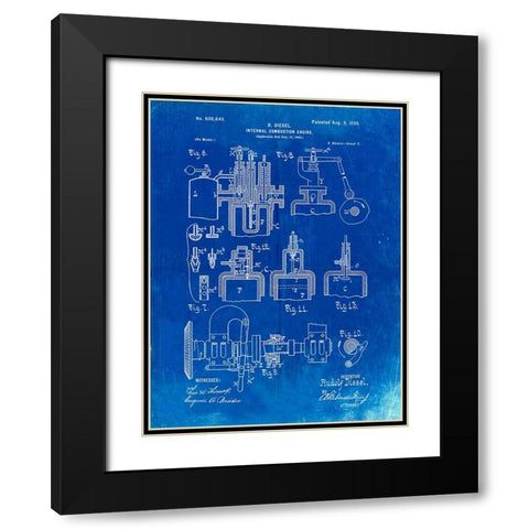 PP257-Faded Blueprint Diesel Engine 1898 Patent Poster Black Modern Wood Framed Art Print with Double Matting by Borders, Cole