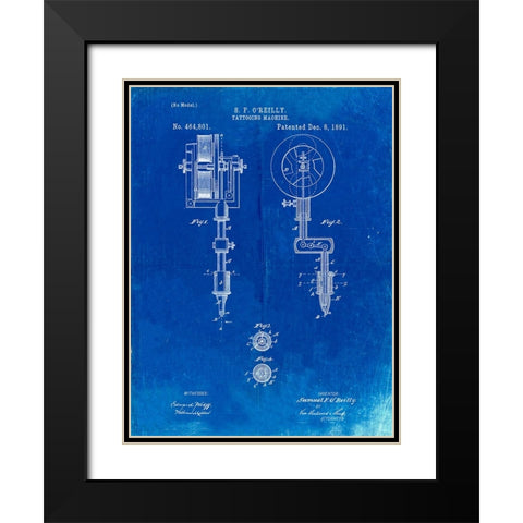 PP814-Faded Blueprint First Tattoo Machine Patent Poster Black Modern Wood Framed Art Print with Double Matting by Borders, Cole