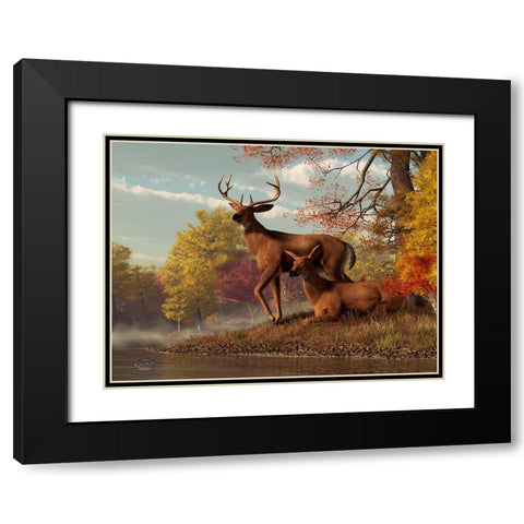 Deer On An Autumn Lakeshore Black Modern Wood Framed Art Print with Double Matting by Eskridge, Daniel