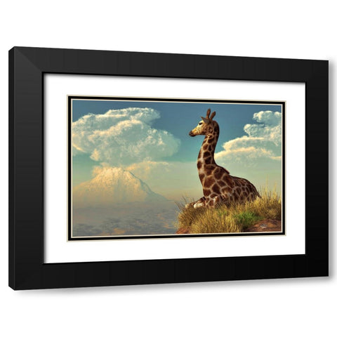 Giraffe And Distant Mountain Black Modern Wood Framed Art Print with Double Matting by Eskridge, Daniel
