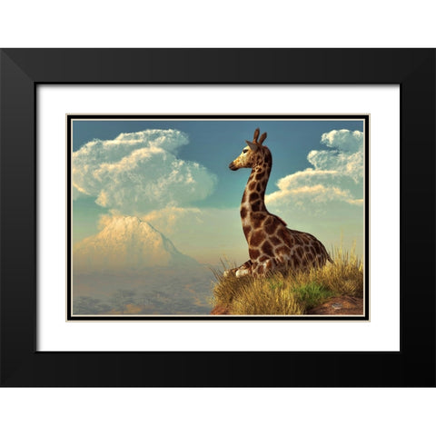 Giraffe And Distant Mountain Black Modern Wood Framed Art Print with Double Matting by Eskridge, Daniel