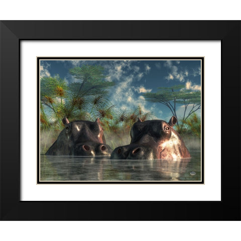 Hippos Coming To Get You Black Modern Wood Framed Art Print with Double Matting by Eskridge, Daniel