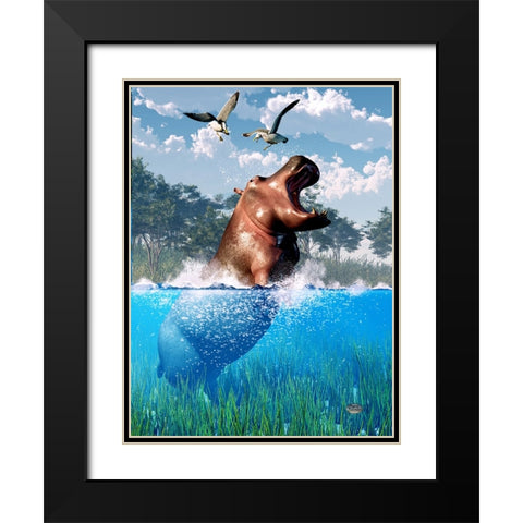 Lunging Hippo Black Modern Wood Framed Art Print with Double Matting by Eskridge, Daniel
