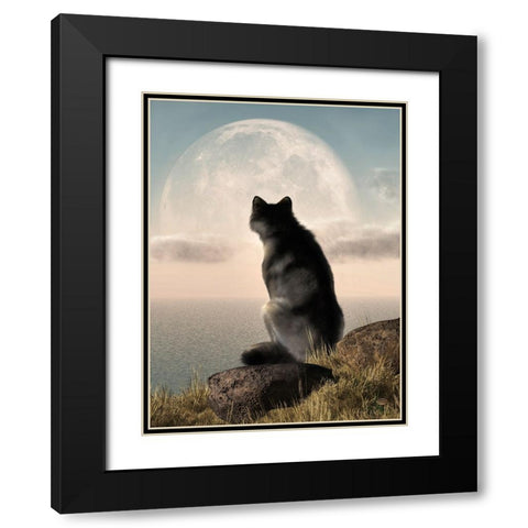 Wolf Watching The Moonrise Black Modern Wood Framed Art Print with Double Matting by Eskridge, Daniel