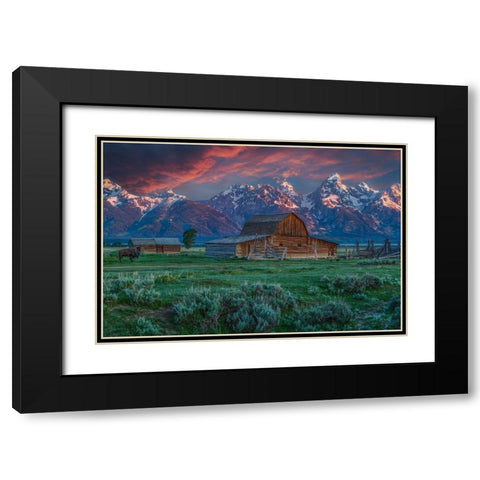 Grand Teton Mormon Barn At Sunrise Black Modern Wood Framed Art Print with Double Matting by Galloimages Online