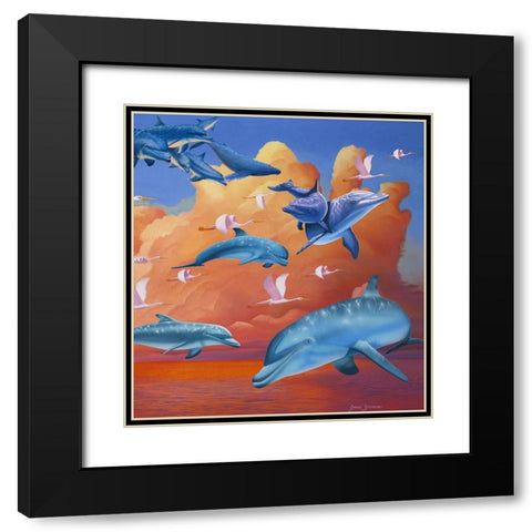 Dolphins Clouds Black Modern Wood Framed Art Print with Double Matting by Stevenson, Graeme