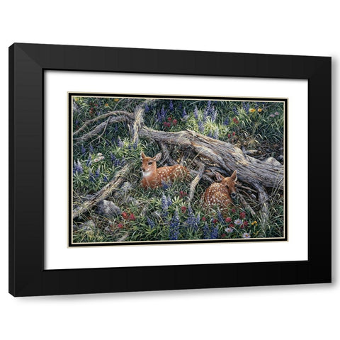 Fawns And Flowers Black Modern Wood Framed Art Print with Double Matting by Tift, Jeff