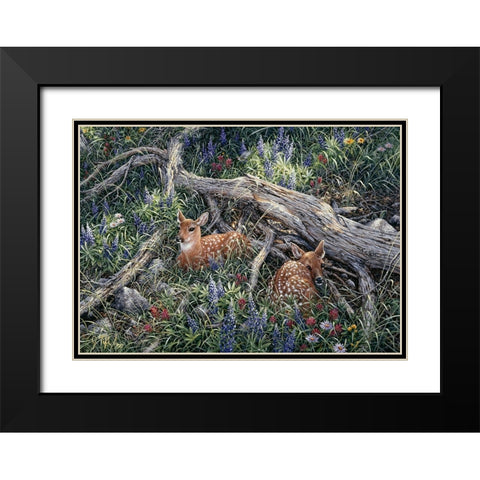 Fawns And Flowers Black Modern Wood Framed Art Print with Double Matting by Tift, Jeff
