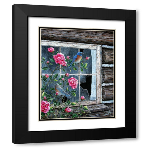 Roses And Bluebirds Black Modern Wood Framed Art Print with Double Matting by Tift, Jeff