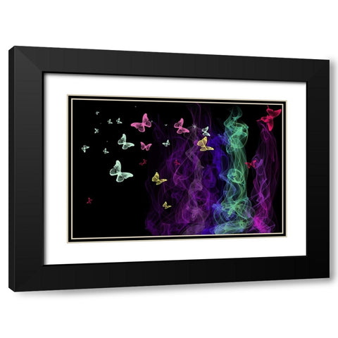 Neon Butterflies Black Modern Wood Framed Art Print with Double Matting by Jenny Rainbow Fine Art