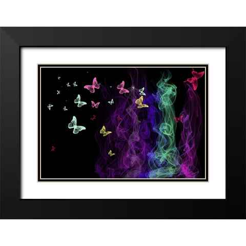 Neon Butterflies Black Modern Wood Framed Art Print with Double Matting by Jenny Rainbow Fine Art