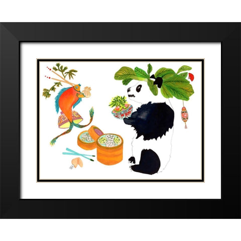 Bok Choy Panda Chopstix Fish Black Modern Wood Framed Art Print with Double Matting by Kwerki Studios