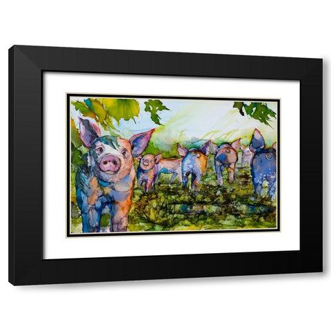 Pig Tales Black Modern Wood Framed Art Print with Double Matting by Art by Leslie Franklin