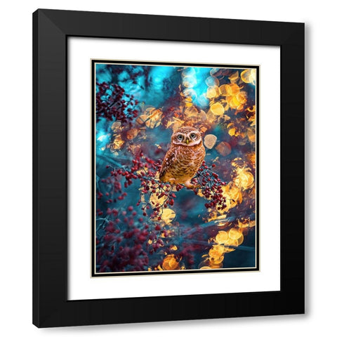 Owl Bokeh Black Modern Wood Framed Art Print with Double Matting by Love Grams