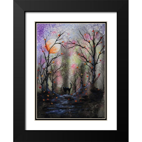 Black Cat In Forest Black Modern Wood Framed Art Print with Double Matting by Wickstrom, Martin