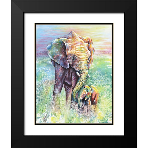 Mother And Baby Elephant Rainbow Colors Black Modern Wood Framed Art Print with Double Matting by Wickstrom, Martin