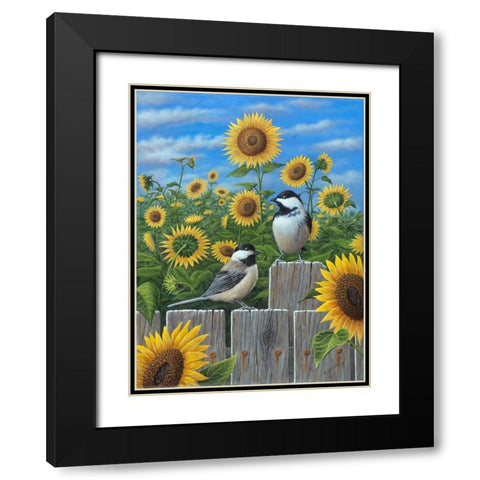 Chickadees And Sunflowers Black Modern Wood Framed Art Print with Double Matting by Wavra, Robert