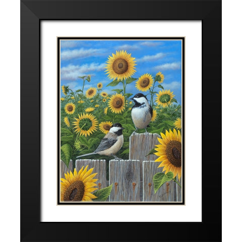 Chickadees And Sunflowers Black Modern Wood Framed Art Print with Double Matting by Wavra, Robert