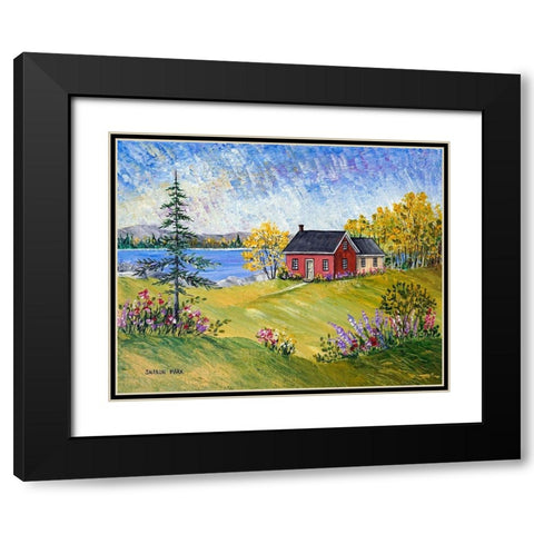 Red Cottage at the Lake Black Modern Wood Framed Art Print with Double Matting by Mark, Sharon