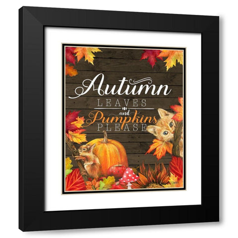 Autumn Leaves and Pumpkins Please Kitty Black Modern Wood Framed Art Print with Double Matting by Sheena Pike Art
