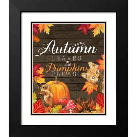 Autumn Leaves and Pumpkins Please Kitty Black Modern Wood Framed Art Print with Double Matting by Sheena Pike Art