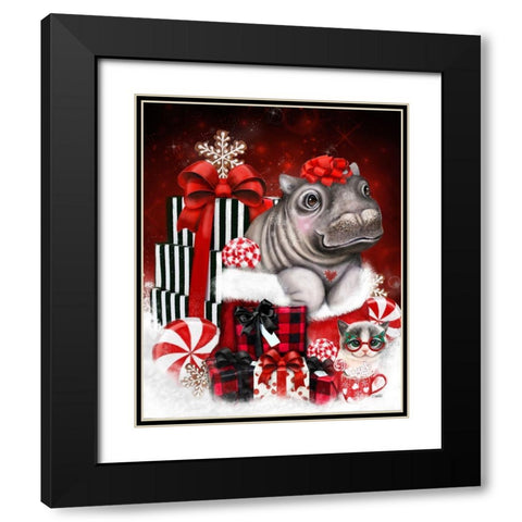 Cutesie Hippo Christmas Surprise Black Modern Wood Framed Art Print with Double Matting by Sheena Pike Art