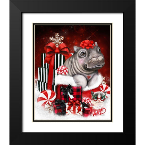 Cutesie Hippo Christmas Surprise Black Modern Wood Framed Art Print with Double Matting by Sheena Pike Art