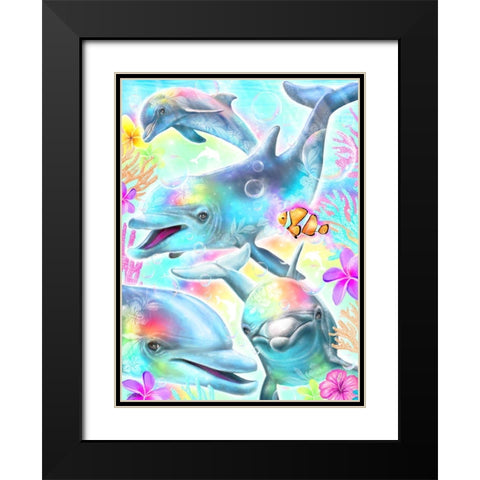 Daydream Rainbow Dolphins Black Modern Wood Framed Art Print with Double Matting by Sheena Pike Art