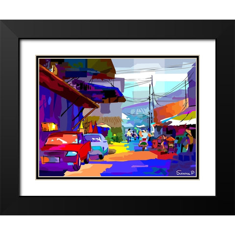 Evening In The Village Black Modern Wood Framed Art Print with Double Matting by Pansanit, Surapol