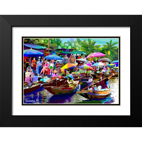 Tour The Floating Market No1 Black Modern Wood Framed Art Print with Double Matting by Pansanit, Surapol