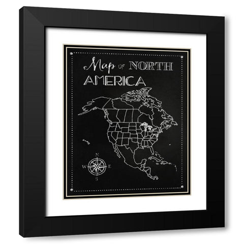 Chalk Map Of North America Black Modern Wood Framed Art Print with Double Matting by Lavoie, Tina
