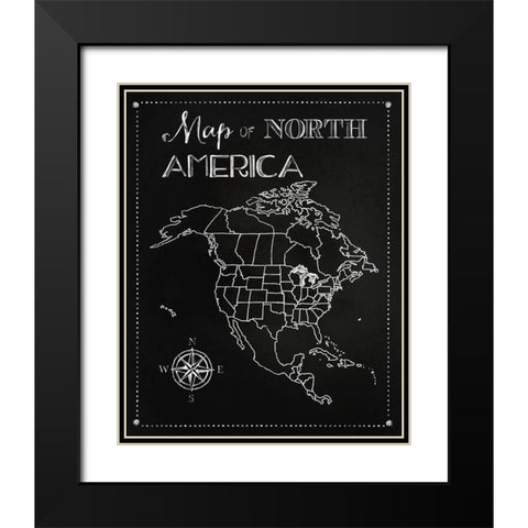 Chalk Map Of North America Black Modern Wood Framed Art Print with Double Matting by Lavoie, Tina