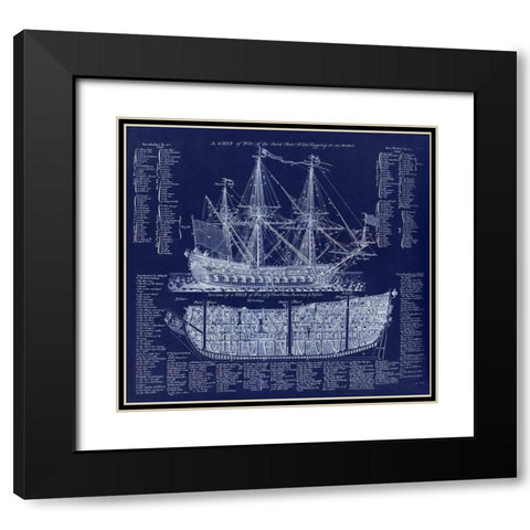 British War Ship Blueprint Black Modern Wood Framed Art Print with Double Matting by Lavoie, Tina