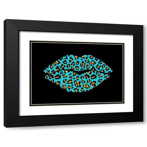 Aqua Leopard Lips Black Modern Wood Framed Art Print with Double Matting by Lavoie, Tina
