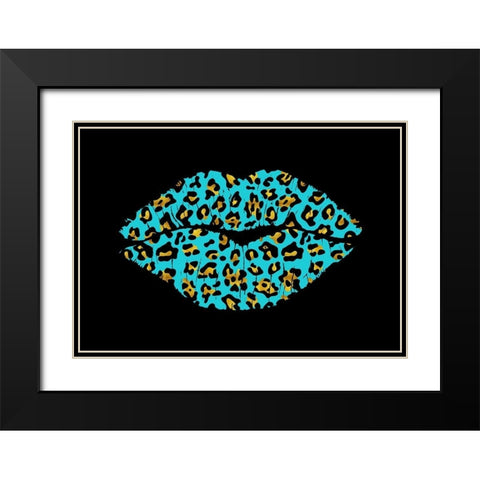 Aqua Leopard Lips Black Modern Wood Framed Art Print with Double Matting by Lavoie, Tina